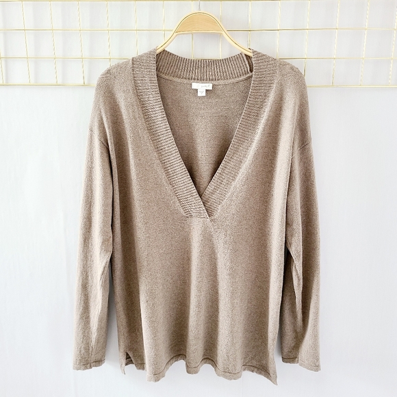 J. Jill Sweaters - Pure Jill Taupe Tan V-Neck Cotton Cashmere Pullover Sweater